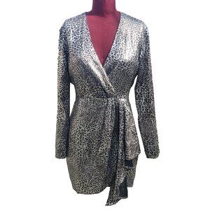 Ronny Kobo Jerry Dress Silver Metallic Leopard V Front Long Sleeve Asymmetric S